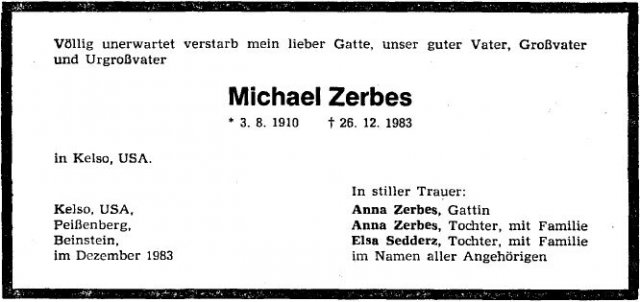 Zerbes Michael 1910-1983 Todesanzeige